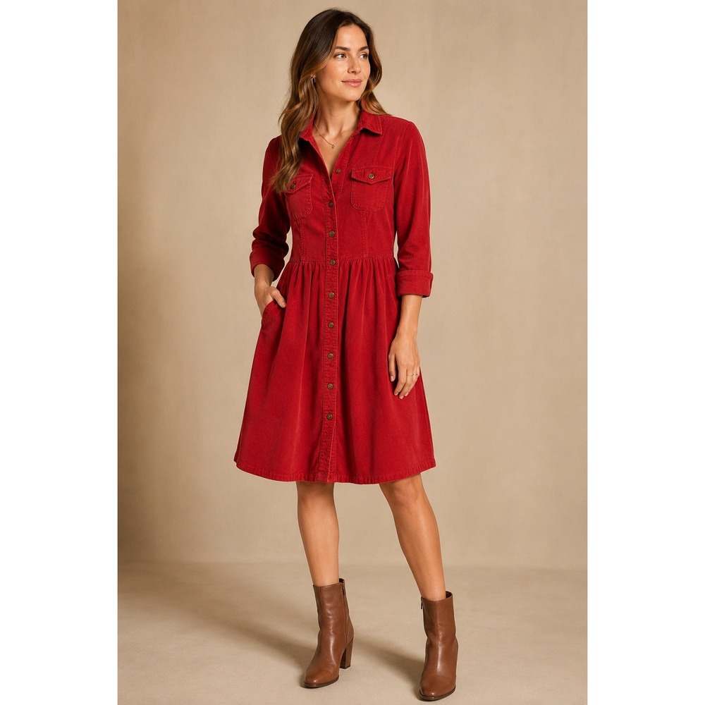 Fei Corduroy Shirt Dress Small Red Puffed Shoulder Pockets Cottagecore Fall